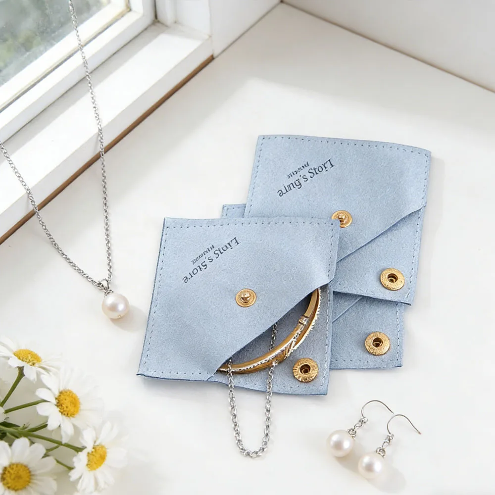 

100Pcs Baby Blue Custom Logo Jewelry Microfiber Triangle Snap Bag Gift Organizer Pouch Earring Bracelet Necklace Soap Box Pocket