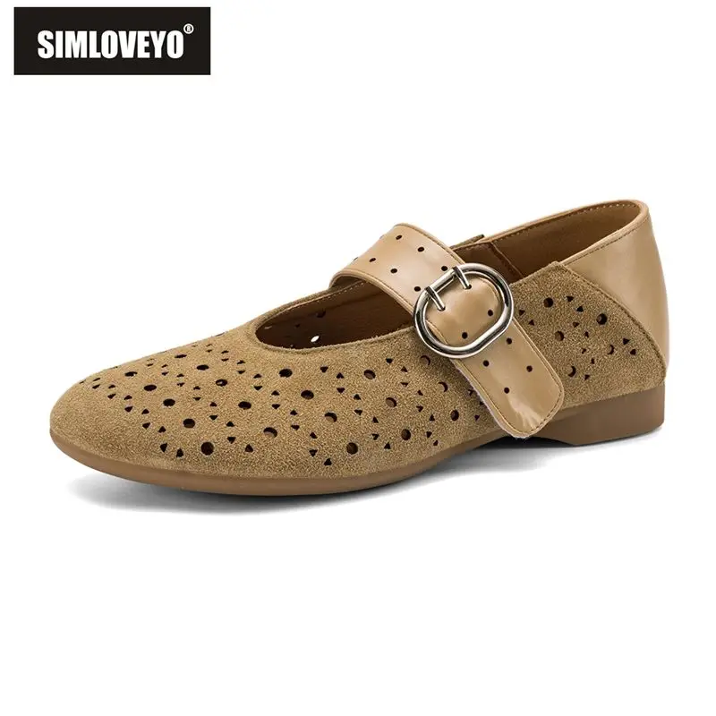 SIMLOVEYO Khaki Women Flats Round Toe Buckle Strap Breathable Flock Suede Plus Size 41 42 43 Soft Leisure Daily Shoes Footwear
