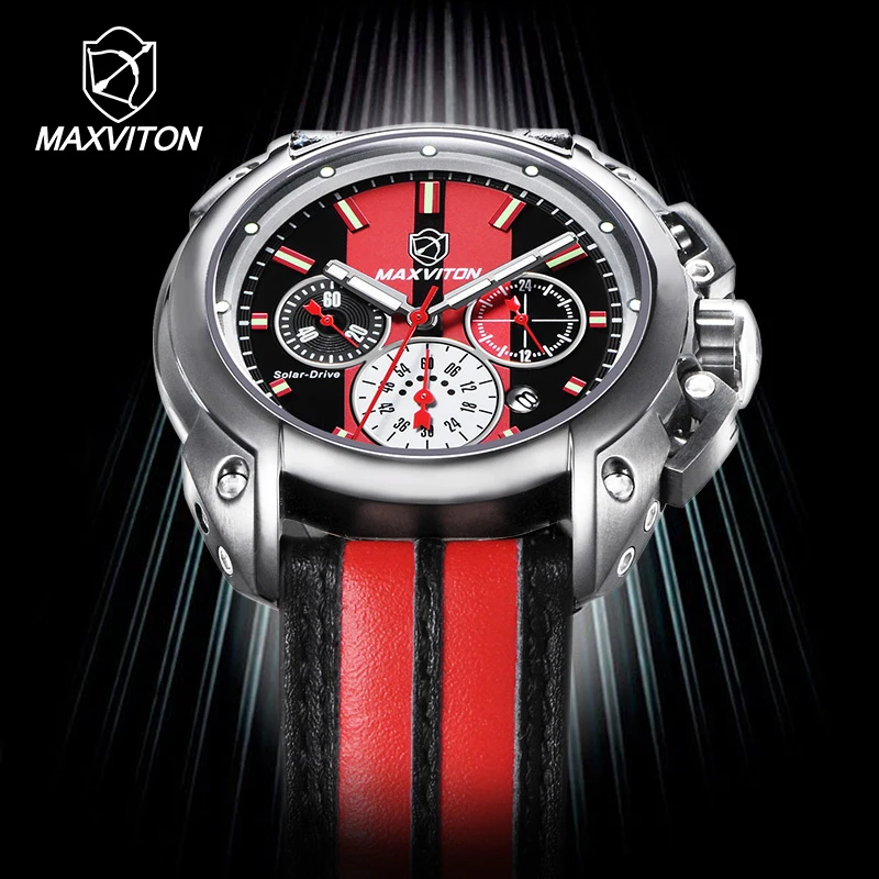 MAXVITON Multifunctional Sports Solar Watch for Men, Fashion Waterproof, Day & Date Display, Leather Strap Wristwatch