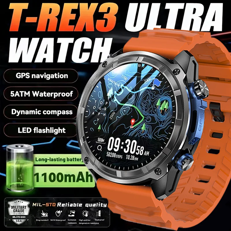 

2026 GPS Watch New 1000mAh Battery T-Rex 3 Military Grade Smartwatch Men 4GB RAM Video Call Waterproof 200+Sports Swim Watches