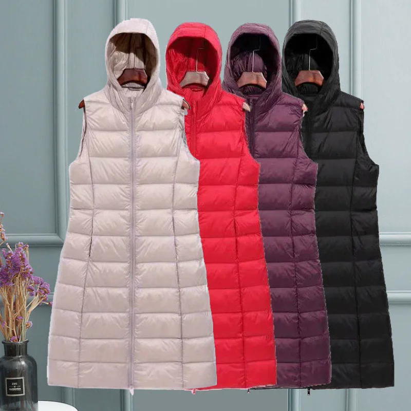 

2025 Autumn Winter Ultra Light White Duck Down Vest Parkas Women Sleeveless Hooded Down Tank Coat Female Long Waistcoat Jakcet