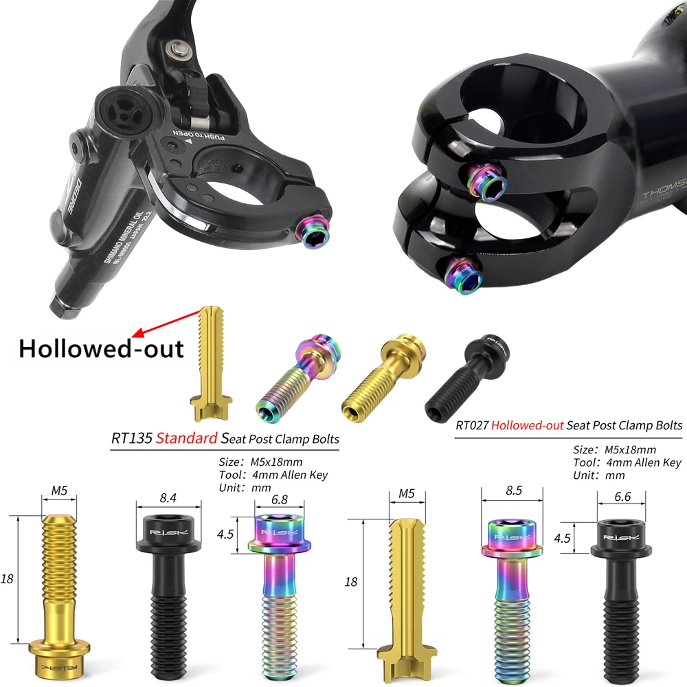 RISK 2PCS M5x18mm Titanium Bike Stem Screws Bicycle Seatpost Clamp Bolts Hollow Urltra-Light Brake Lever Fixing Ti Bolts