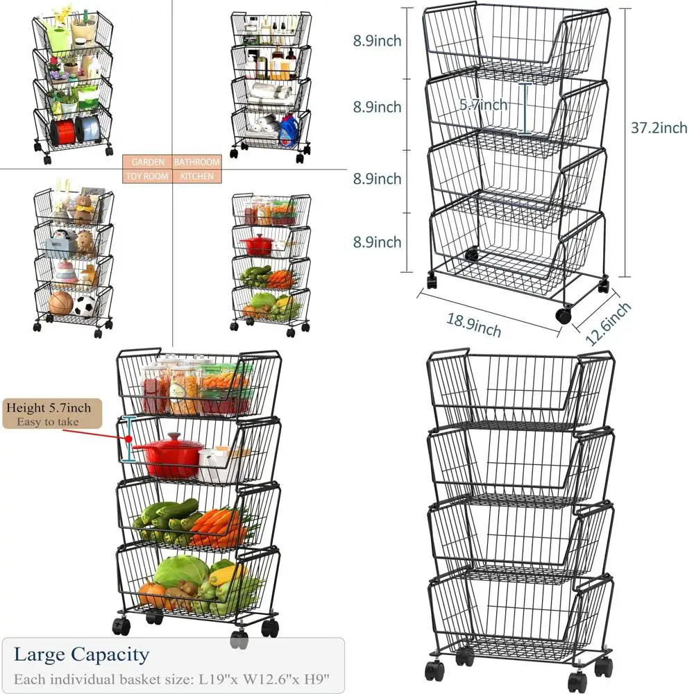 

Металлические корзины-стеллажи на 4 яруса – Устойчивые к ржавчине подставки для овощей для кухни и офиса, универсальные черные контейнеры для хранения