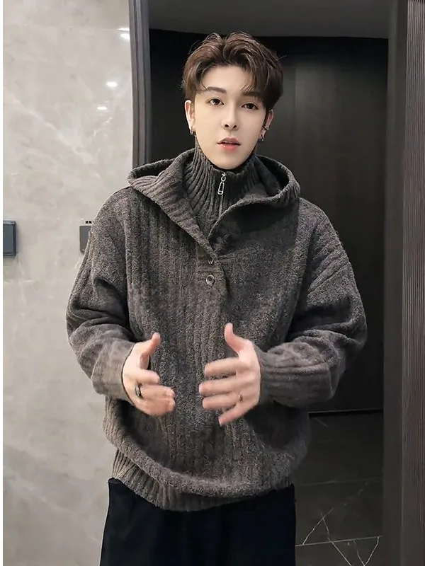 

Мужская зимняя толстовка American Sle Brown с высоким воротником, корейский стиль, высококачественный вязаный свитер, модная куртка на молнии свободного кроя