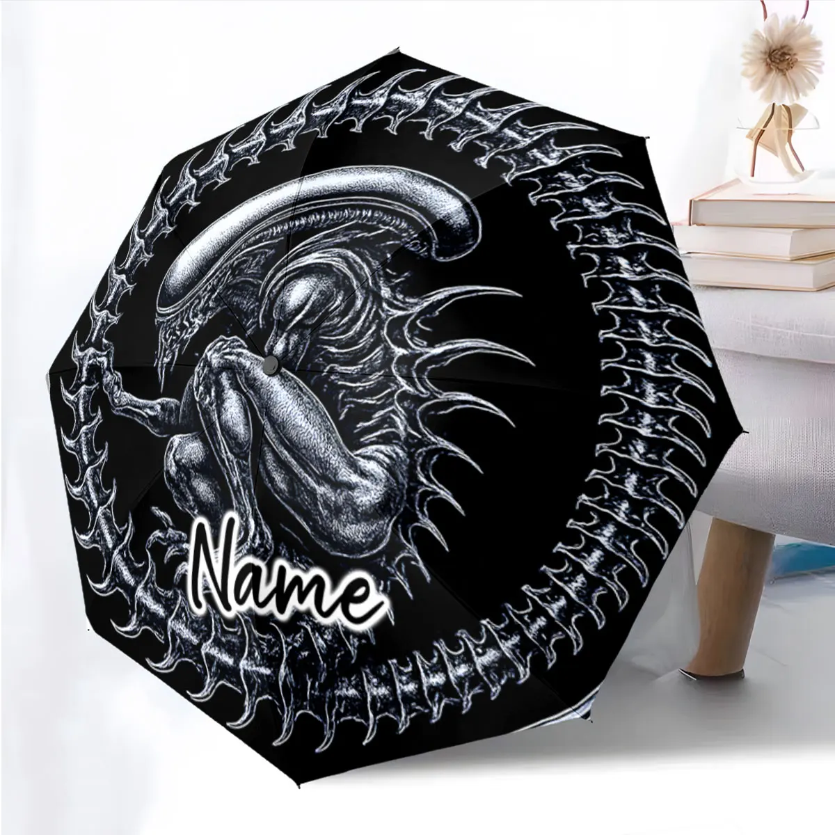 Custom Name Umbrella Alien-Themed Umbrella with Intricate Design Print 8 Iron Ribs Folding Umbrella Auto-Open Fashion Sunshade