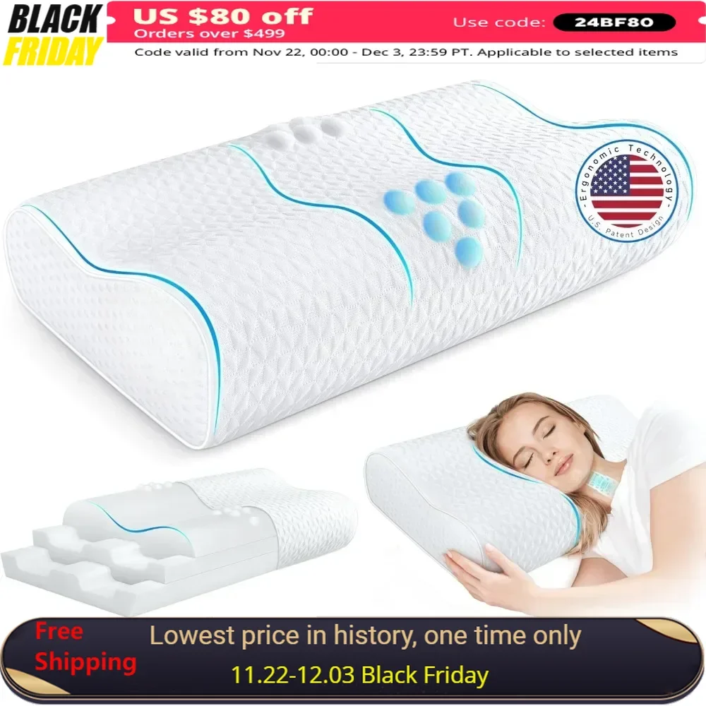 Neck & Neck Pillow - Memory foam pillow for neck and shoulder pain relief, ergonomic pillow for side, back and abdomen