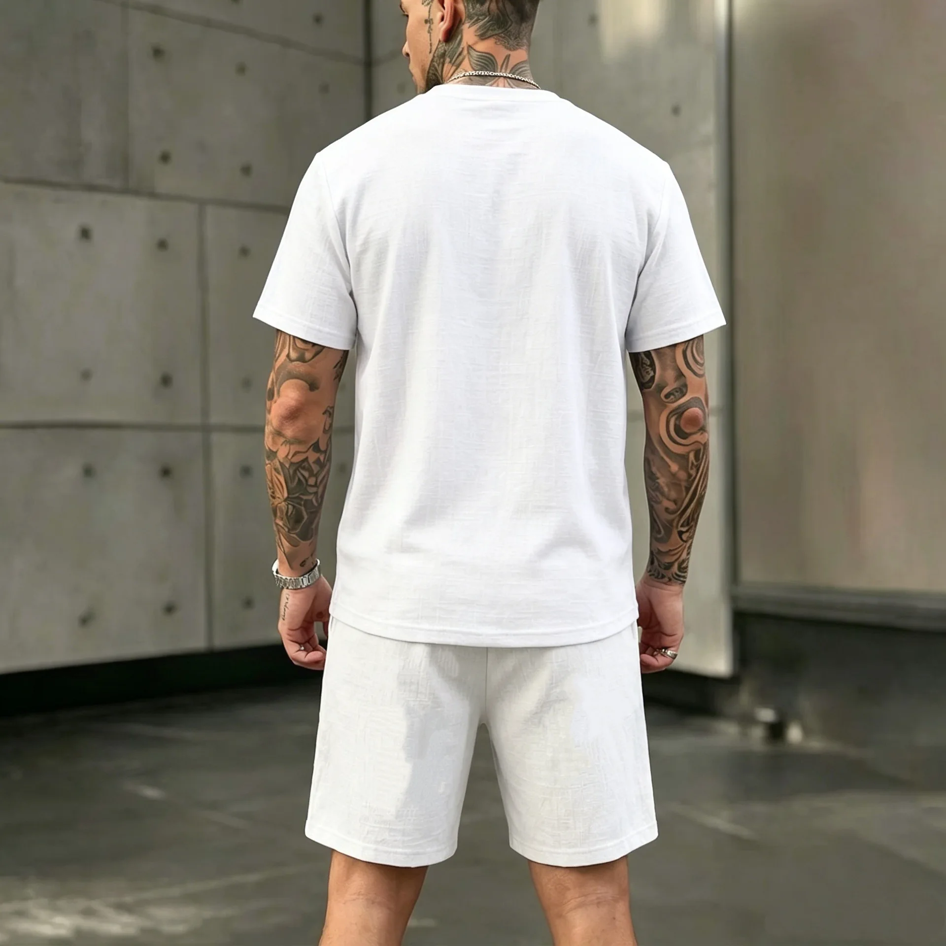 2026 Sommer Europäisch-Amerikanisches Herren-Leinen-Henley-Polo-Zweiteiler-Set: Lockeres Kurzarm-T-Shirt mit passenden Shorts – Atmungsaktives Urlaubsoutfit – Detail 6