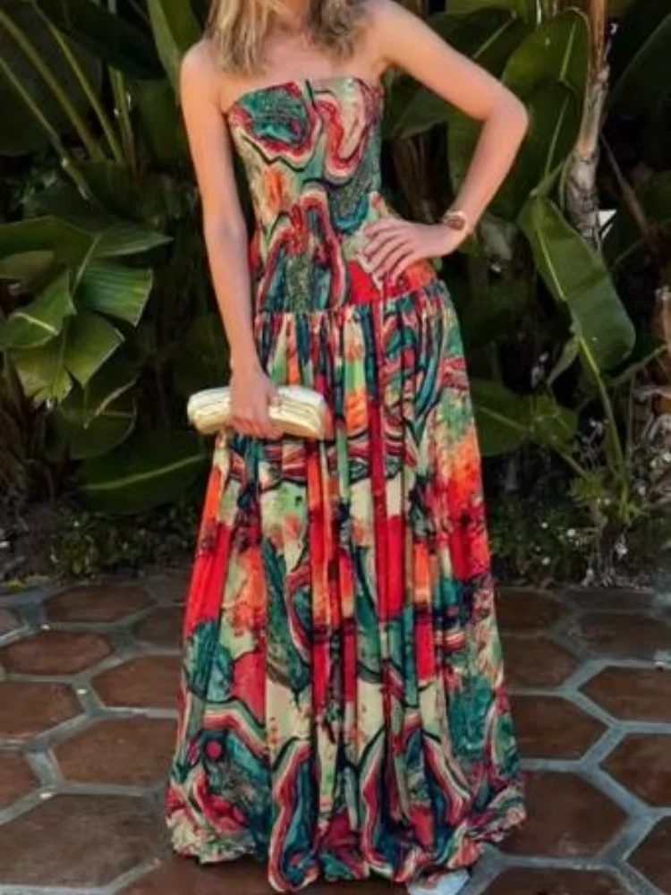 

Lady Printed Strapless Dress Elegant Fashionable Colorful Waist Pleated Long Gowns Women Summer New Vacation Party Robes 2025