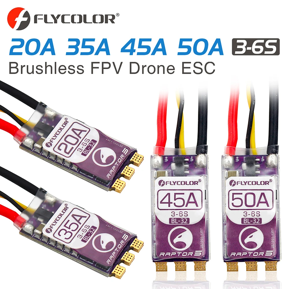 

FLYCOLOR Raptor5 Brushless ESC 3-6S Drone ESC 32Bit G701 PWM 128K Single 20A 35A 45A 50A ECS Dshot Proshot for FPV Racing Drones