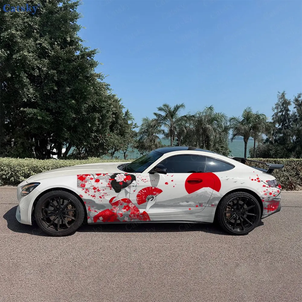 2pcs Falling Cherry Kimono Lady Car Side Wraps, Self-Adhesive PVC Waterproof & Scratch-Resistant Stickers, Car Accessory Gift