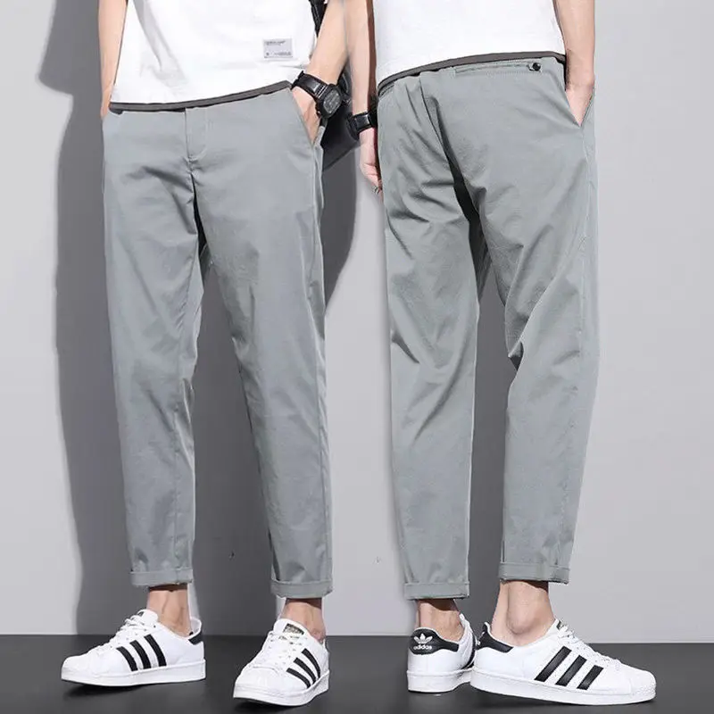 Summer New Solid Color Fashion Straight Pants Man High Street Casual Drawstring Zipper Pockets Elastic Waist All-match Trousers