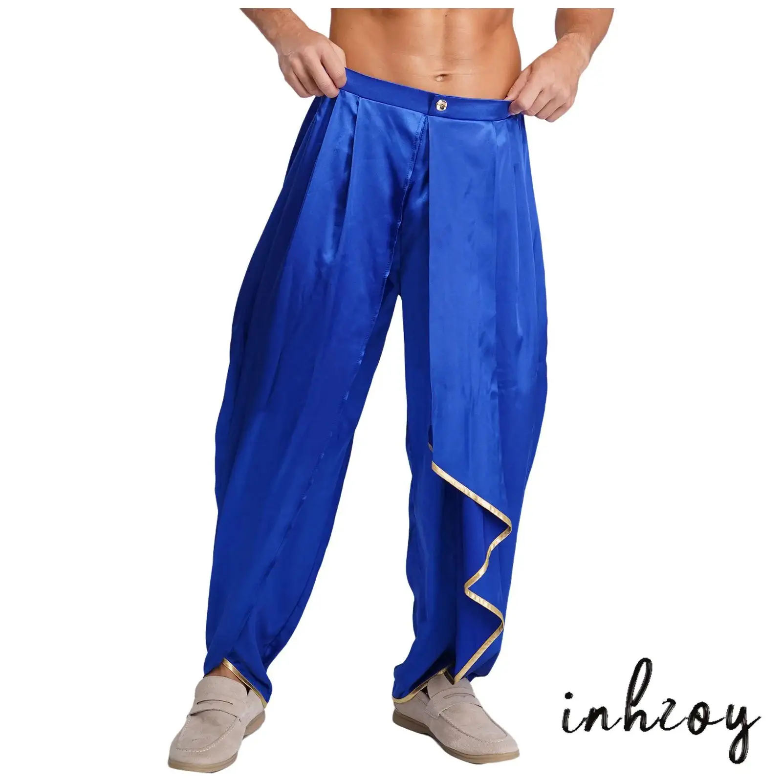 

Men Pleated Drapes Dhoti Vintage Long Pants Casual Elastic Back Waist Satin Baggy Trousers for Halloween Carnival Theme Party
