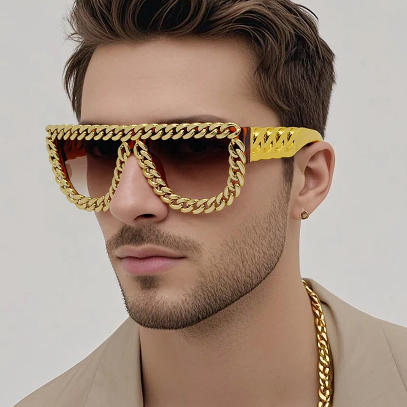 New Fashion Gold Chain Design Oversized Square Sunglasses Men Women Retro Exaggerated Punk Sun Glasses Beach Outdoor Party Shade