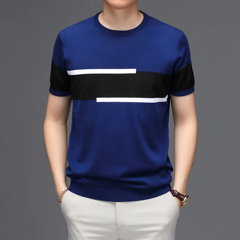 

Men's 2023 Summer New Mixed Casual Contrast Stripe Short Sleeve T-shirt Men's Top