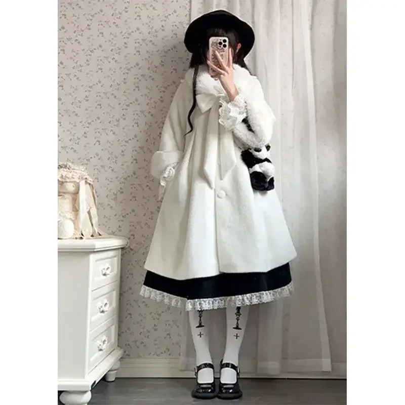 Winter Sweet Kawaii Plush Long Coat Women Japanese Bow Lolita College Style Elegant Warm Overcoat Female Y2k Design Outfits New
