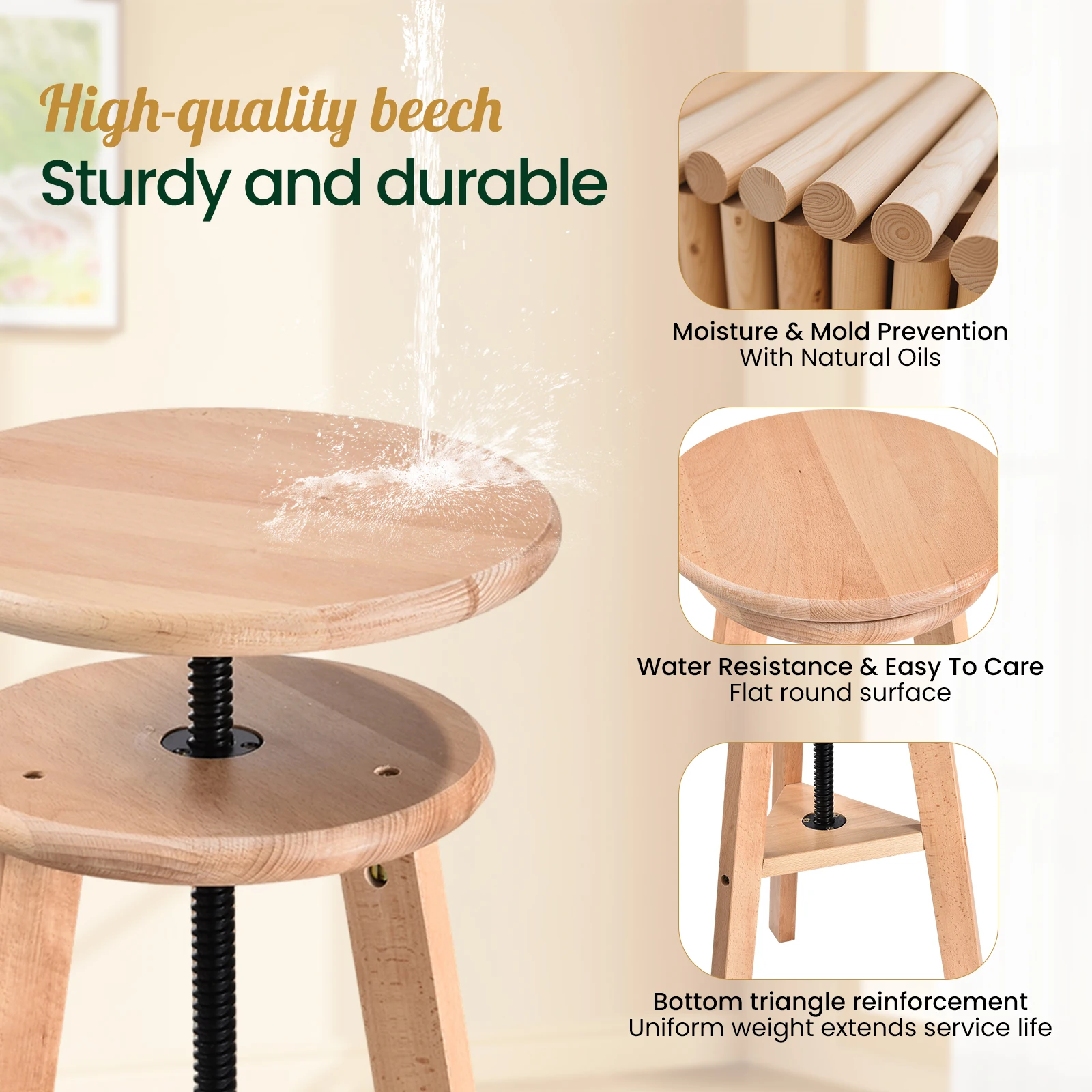 Wooden Artist Stool Swivel Adjustable 48-65cm, Multifunctional Drafting Chair for Office & Home Studio