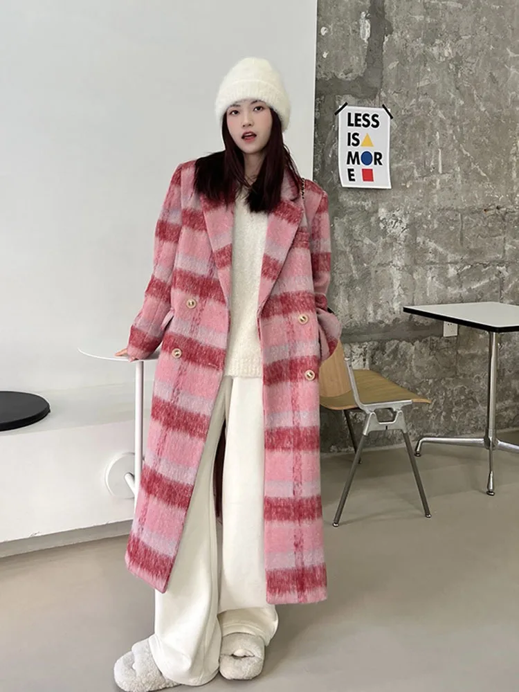 

Autumn Women's Coat Woolen 2023 Korean Style Loose Winter New Pink Plaid Thickened Long Woolen Coat Female