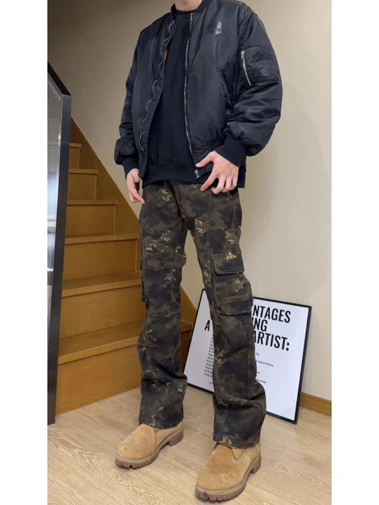 

American High Street Camouflage Jeans Men's Multiple Pockets CleanFit Workwear Pants Slimming Straight Leg Micro Flared Pants