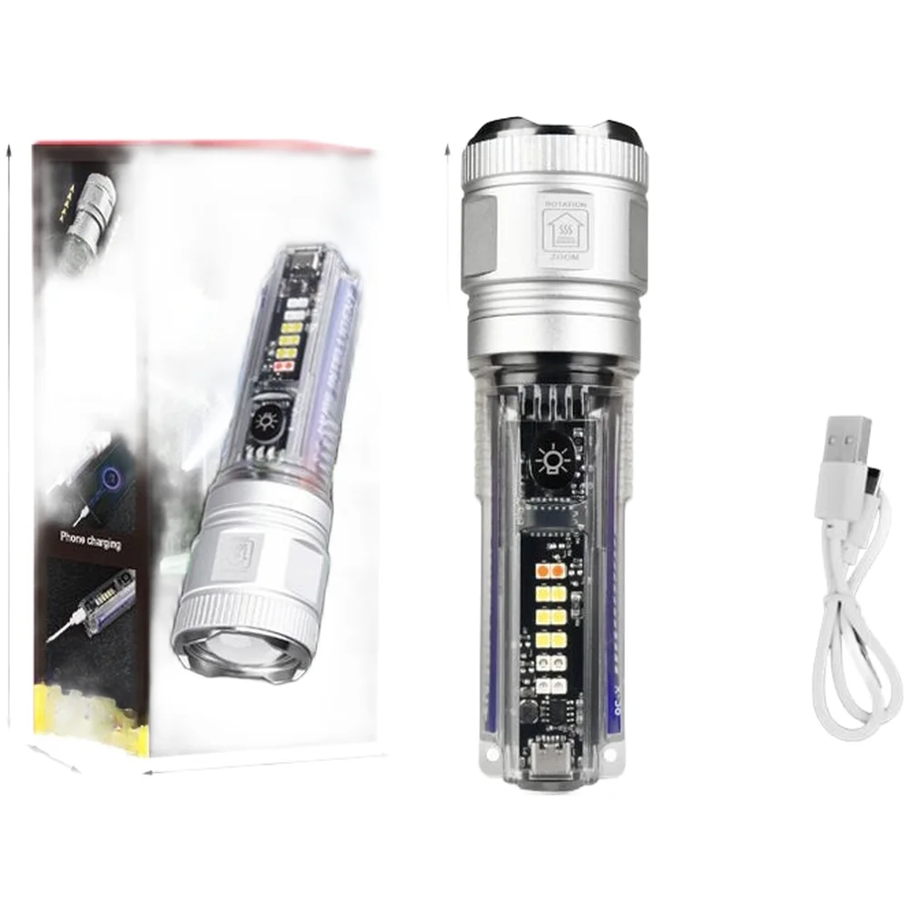 Rechargeable 20W LED Flashlight with Solar Charging Capability and Type C Input for Efficient Power Management