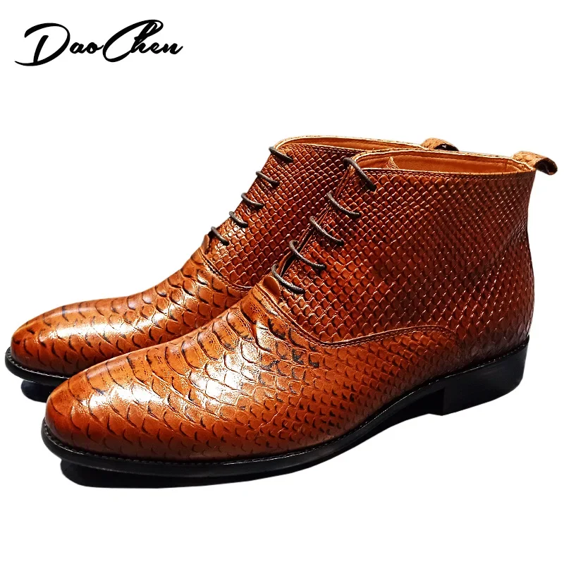 

LUXURY MEN ANKLE BOOTS SHOES BLACK WHITE BROWN SNAKE PRINT CASUAL MEN DRESS LEATHER BOOTS SHOES LACE UP WINTER BOOTS MEN