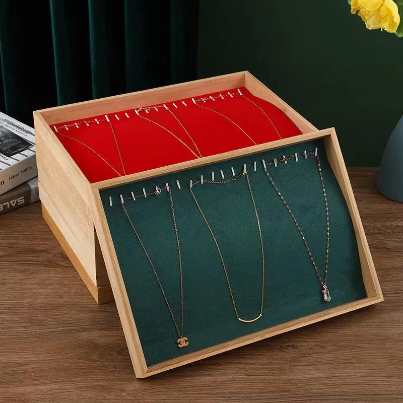 

Wholesale Natural Bamboo Necklace Display Tray Colorful Velvet Necklace Tray Organizer for Jewelry Store Pendant Storage Stand