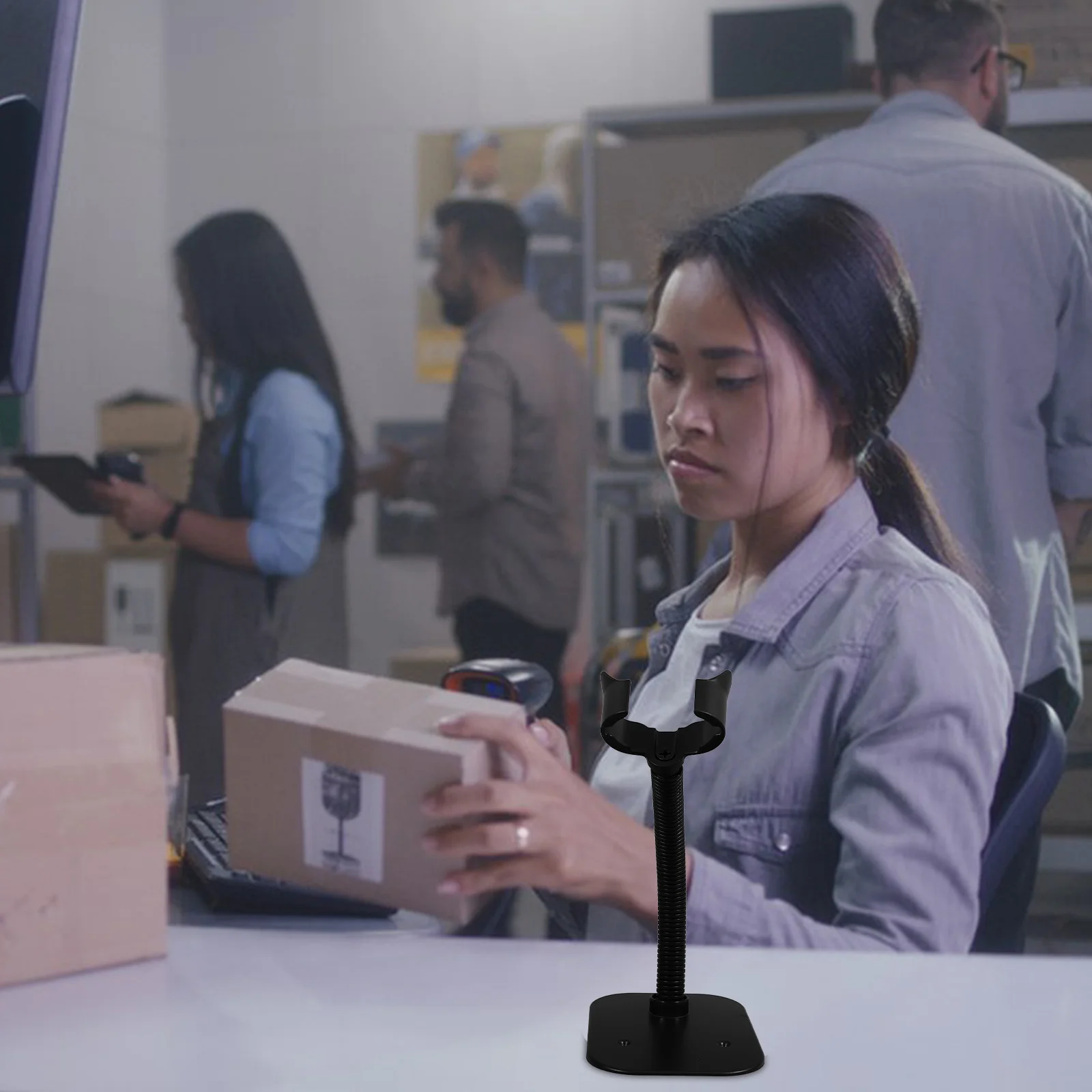 

Barcode Scanner Holder Stand for Desk Black Iron Base Charging Suitable Handheld Supermarkets Stores Commercial