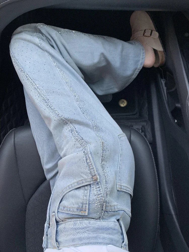 النمط الأمريكي لامعة الصناعة الثقيلة الحفر الساخن الجينز النساء 2025 تصميم جديد الصيف تحسس Scimitar واسعة الساق wutong السراويل #5