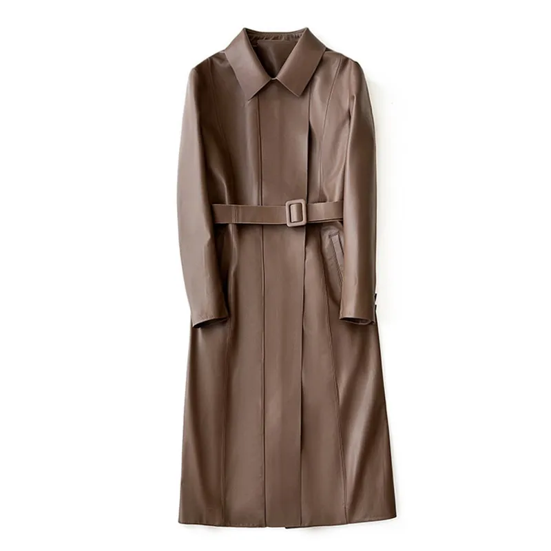 Veste longue ceinturée en cuir véritable 100% peau de mouton pour dames de bureau, coupe-vent, manteau de luxe, pardessus de mode, automne, hiver