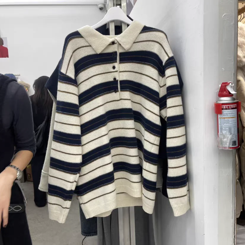 Retro Korean Style Striped Loose Fit Long Sleeve Knitwear Casual Comfortable Warm Collared Sweater for Women Spring Autumn Wi...
