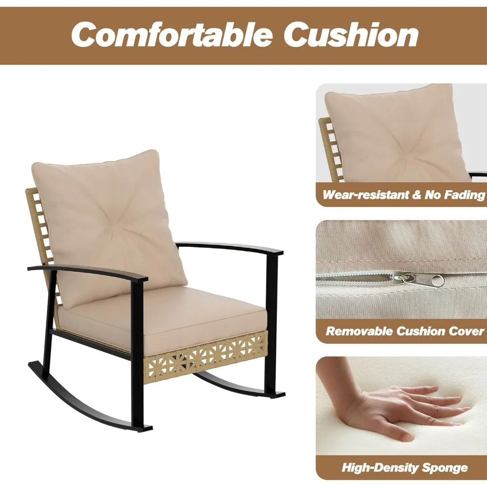 3ピース屋外ロッキングビストロセット、籐製パティオ屋外家具、ポーチチェア、ガラス製コーヒーテーブル付き会話セット。