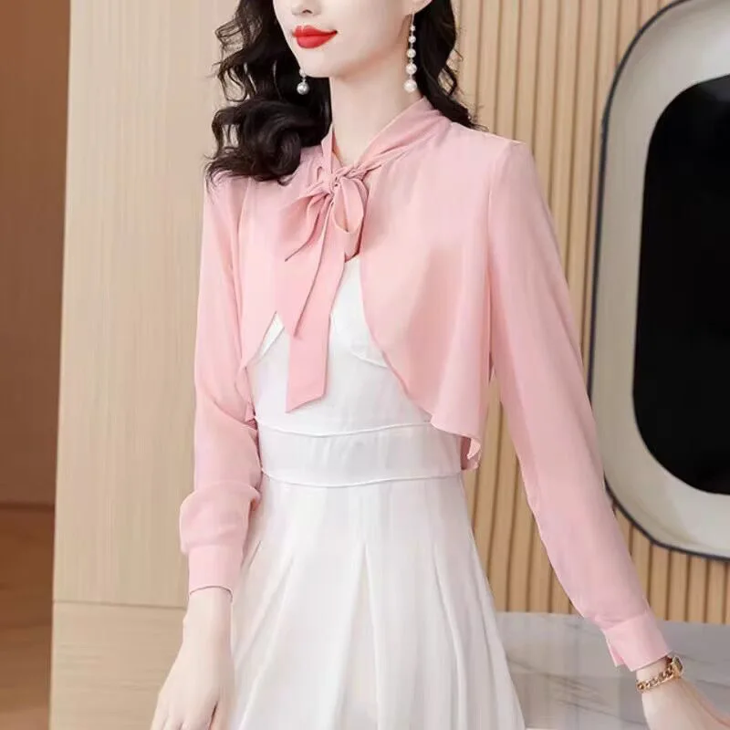 

Elegant Commuter Style Women's Summer New Knot Chiffon Shoulder Shawl Long Sleeve Sun Protection Fashionable Top