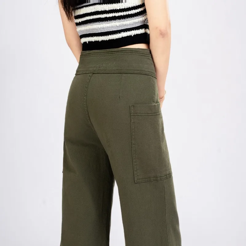Women Autumn Cargo Jeans With Big Pockets Loose Wide Leg Flare Capri Pants Army Green Casual Cropped Trousers