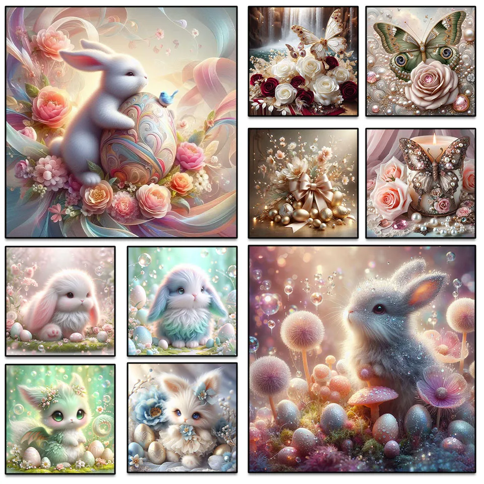 

2025 Easter Art Nouveau Diamond Paint DIY Bunny Eggs Flowers Butterfly Diamond Mosaic Handmade Cross Stitch Home Decor Wall Art