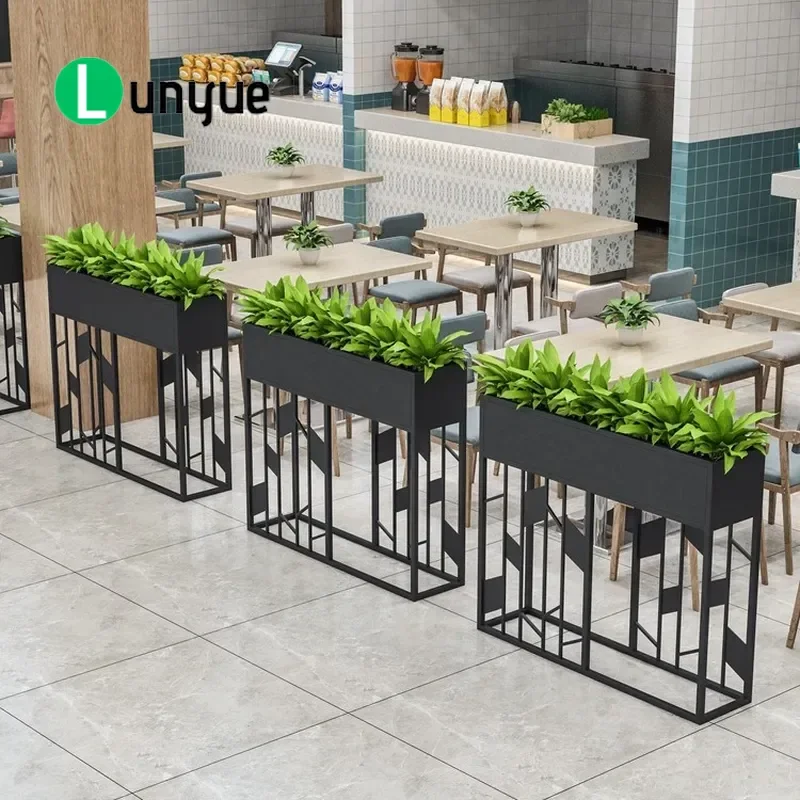 Wrought Iron Half Fence Partition Screen for Hot Pot Restaurant Office Aisle Card Seat Divider with Green Plant Flower Stand