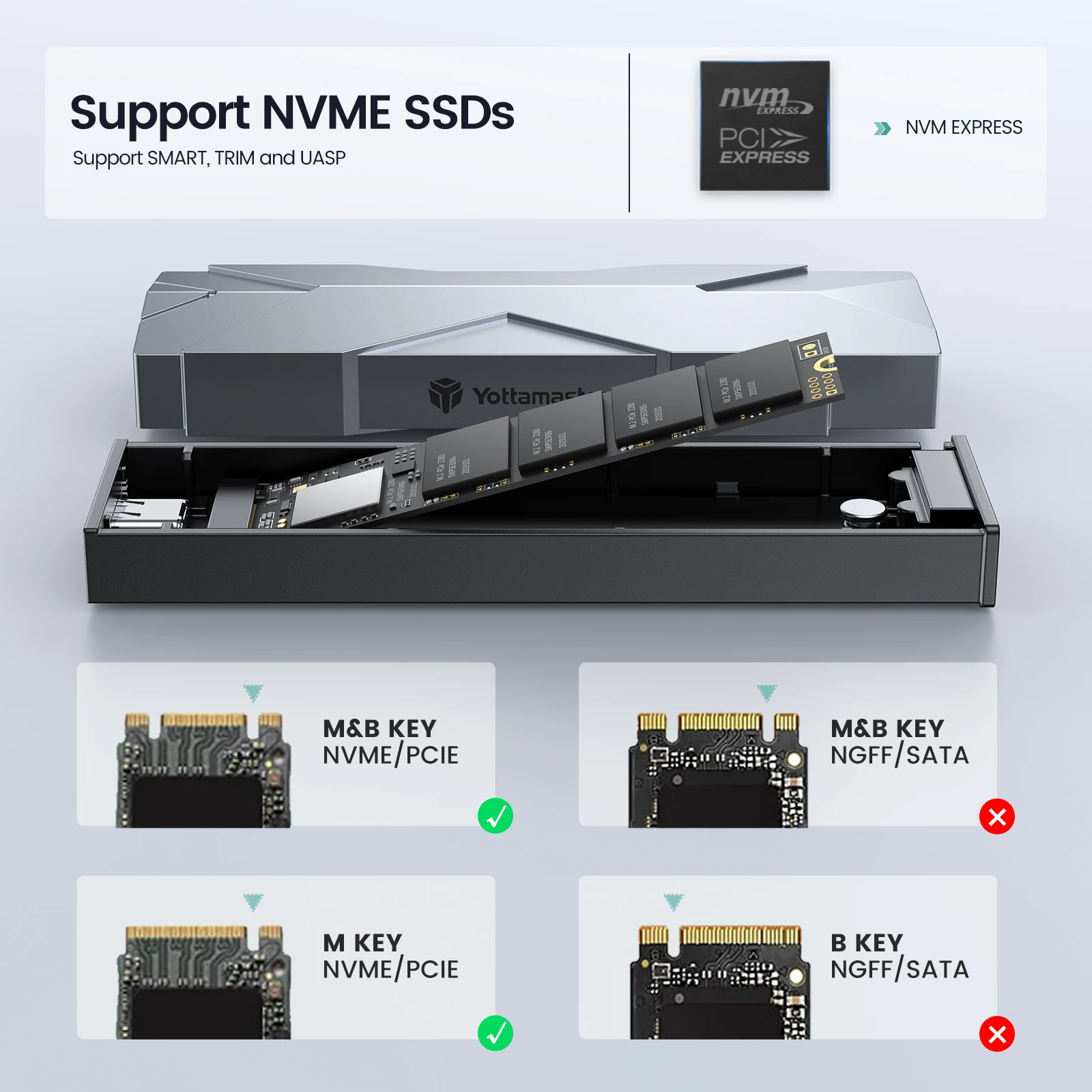 Yottamaster 10Gpbs NVMe Enclosure 6Gpbs SATA SSD Case Type C USB3.1 Gen2 M.2 NVMe PCIE External Hard Drive Enclosure Storage Box