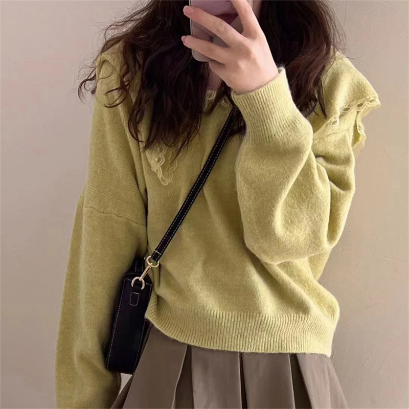 

Korean Preppy Style Turn Down Collar Pullover Chic Design Lace Patchwork Knitted Sweaters Autumn Winter Gentle Style O-Neck Tops