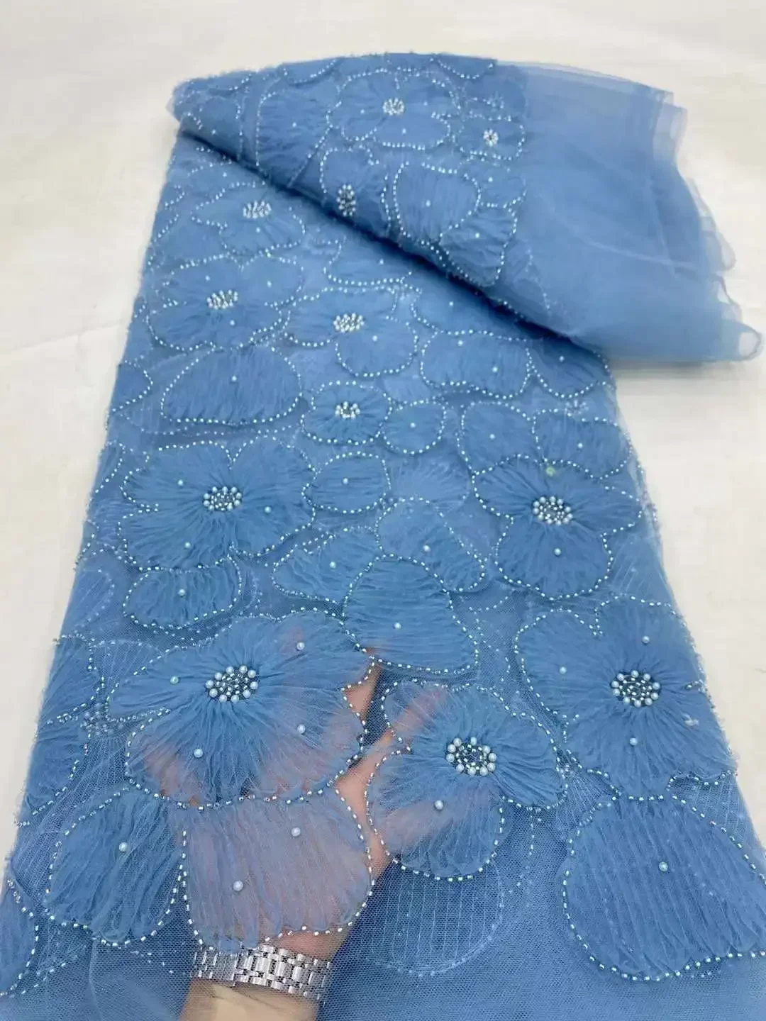 

2025 African French Beaded Groom Lace Fabric 3D Floral High Quality Embroidery Luxury Beaded Fabric For Wedding Party Dress 0520