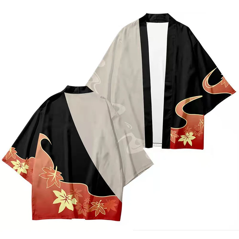 Game Kaedehara Kazuha Cosplay Kimono Color Block Maple Leaf Pattern Men\'s Loose Kimonos Cardigan, Summer Outdoor, Gift for Men