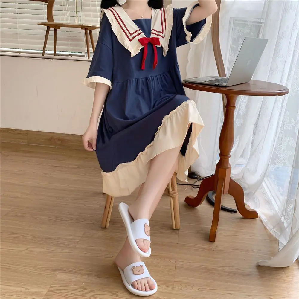 Pajamas Two-Piece Female Spring and Summer New Short-Sleeved Princess Navy Wind Sweet and Cute Students Cartoon Ladies Homewear