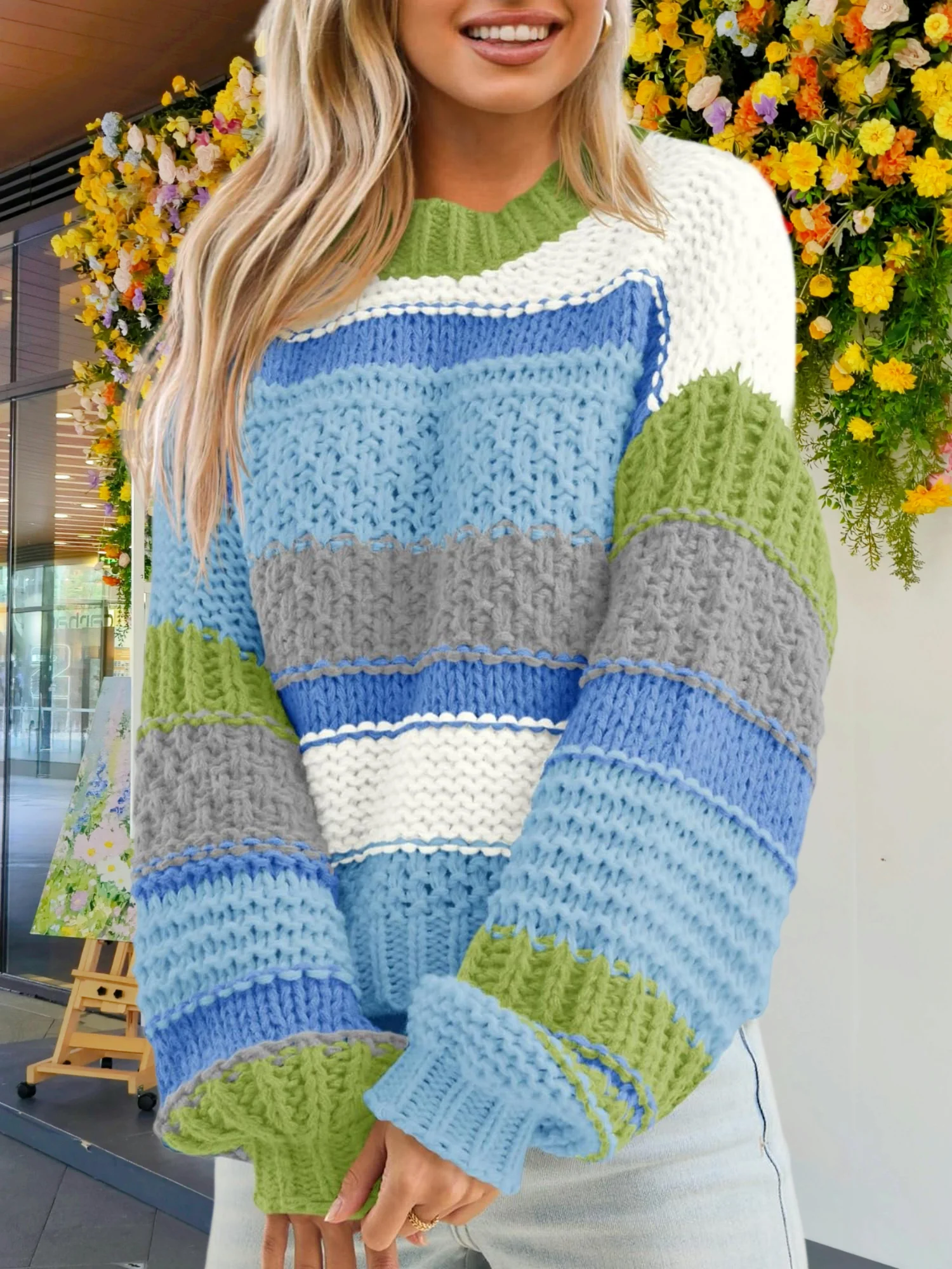 Sweater Wanita Warna-Blok Rajutan Tebal Bergaris Model Crop Kerah Bulat Lengan Panjang Musim Gugur Atasan Pullover Longgar