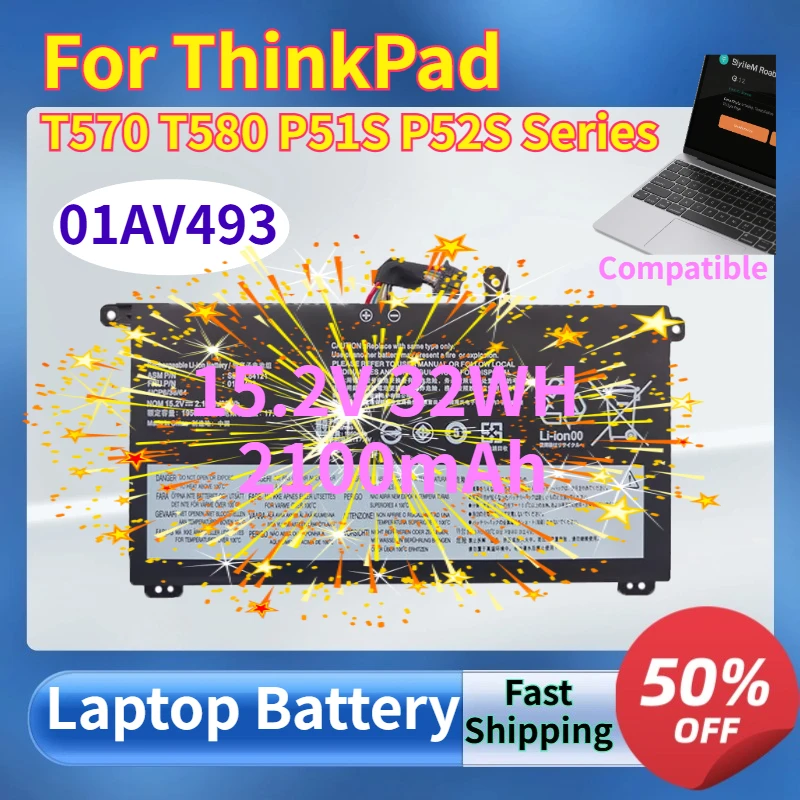 2100mAh 01AV493 Laptop Battery for ThinkPad T570 T580 P51S P52S Series 00UR890 00UR891 00UR892 SB10L84121 15.2V 32WH Batteries