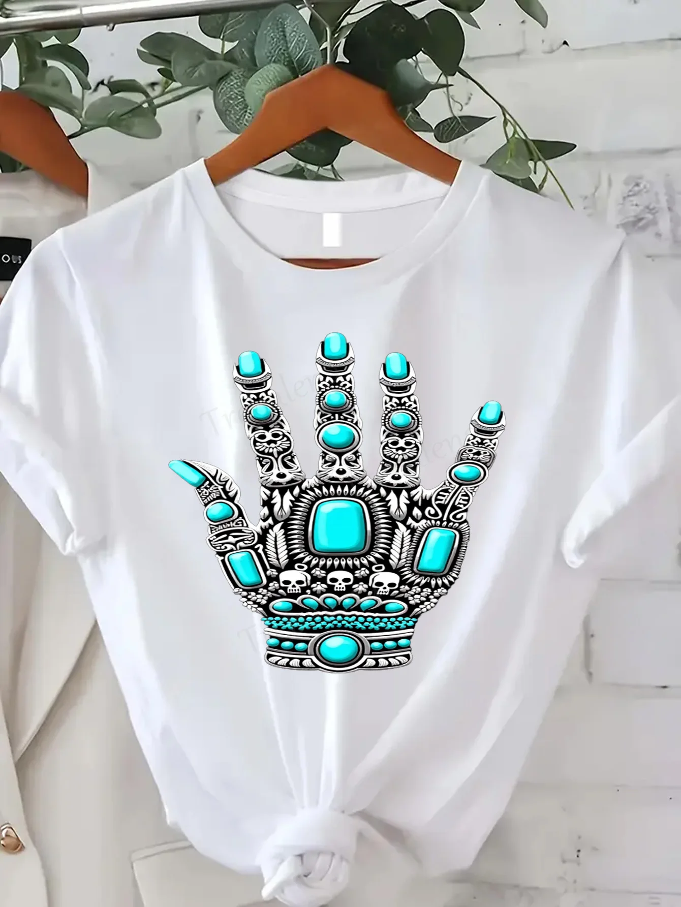 

Женская футболка с бирюзовым принтом для женщин, шикарный стиль в стиле бохо, повседневная одежда