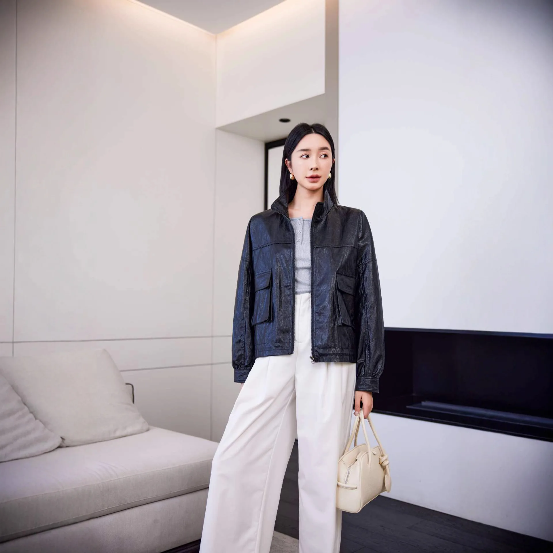 فو بولي معاطف معاطف جلدية النساء الصلبة جاكيتات جيب سستة الوقوف طوق طويلة الأكمام فضفاضة عادية مكتب سيدة 2025 ربيع الخريف #5