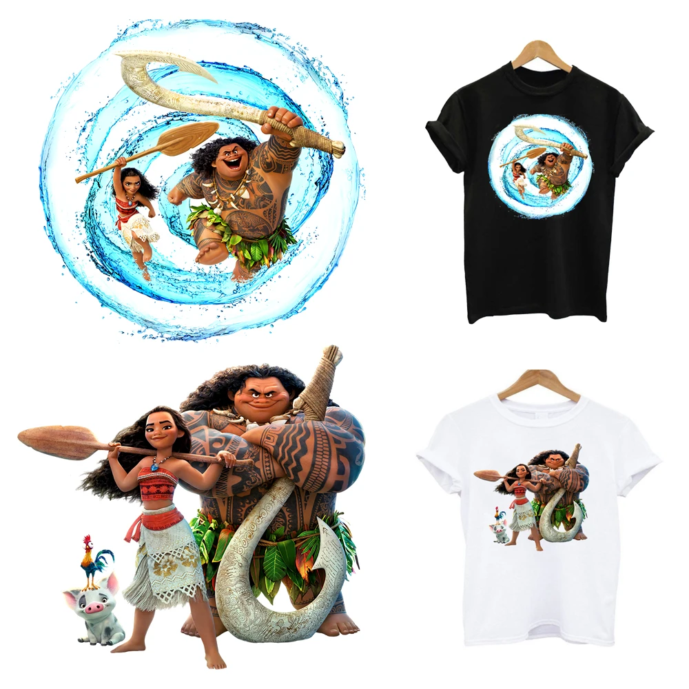 2Pcs/Lot Moana Disney Thermal Transfer T Shirt Stickers Iron On Ironing Fusible Patches Thermo Adhesive For Children's Clothing