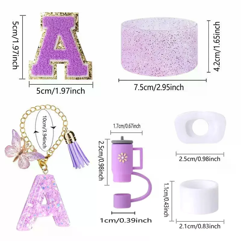 6PCS Accessories Set For Cup Purple 30oz 40oz Tumbler Silicone Straw Topper Cover Cap Boot Handle Charm Initials Sticker