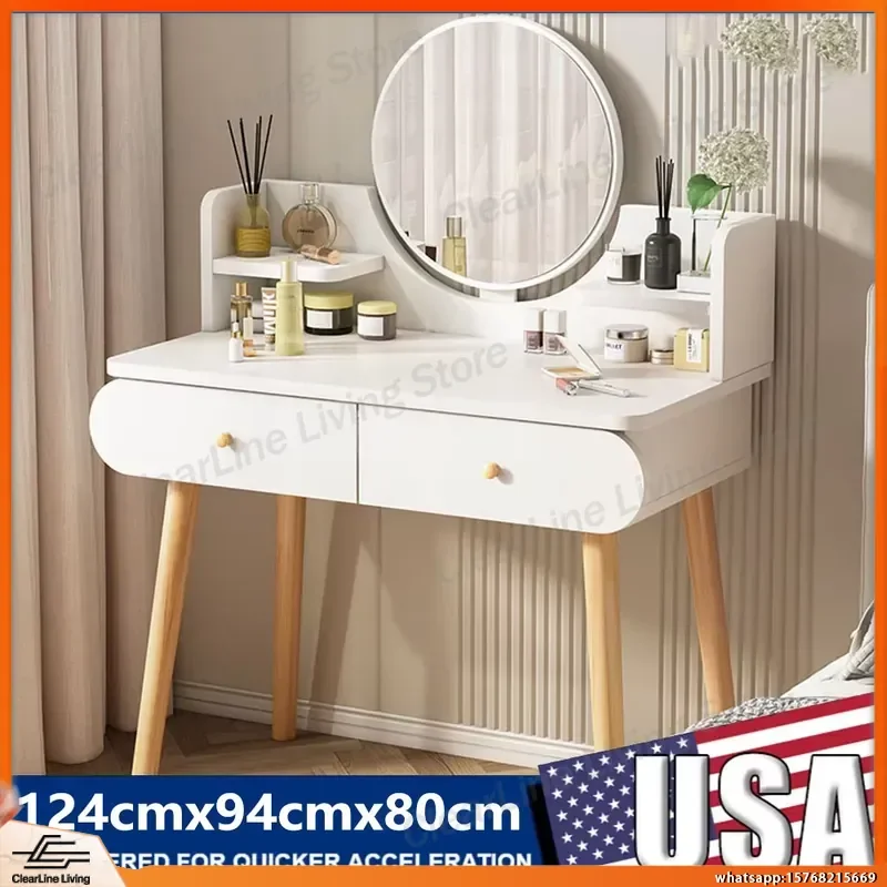 

Modern Vanity Table with 2 Drawers and LED Makeup Mirror for Women Girls Bedroom Dressing Table Storage Cabinet Coiffeuse