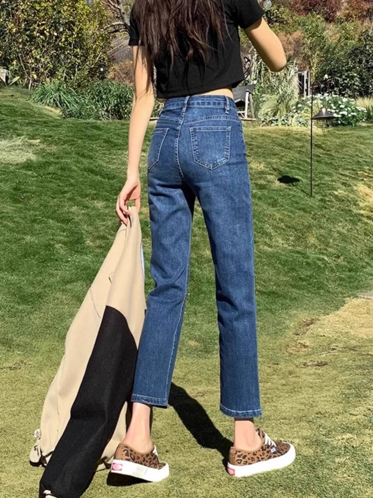 Plones vaqueros rectos ajustados de cintura alta para mujer primavera 2024 nuevo estilo tamaño pequeño pan francés pl...