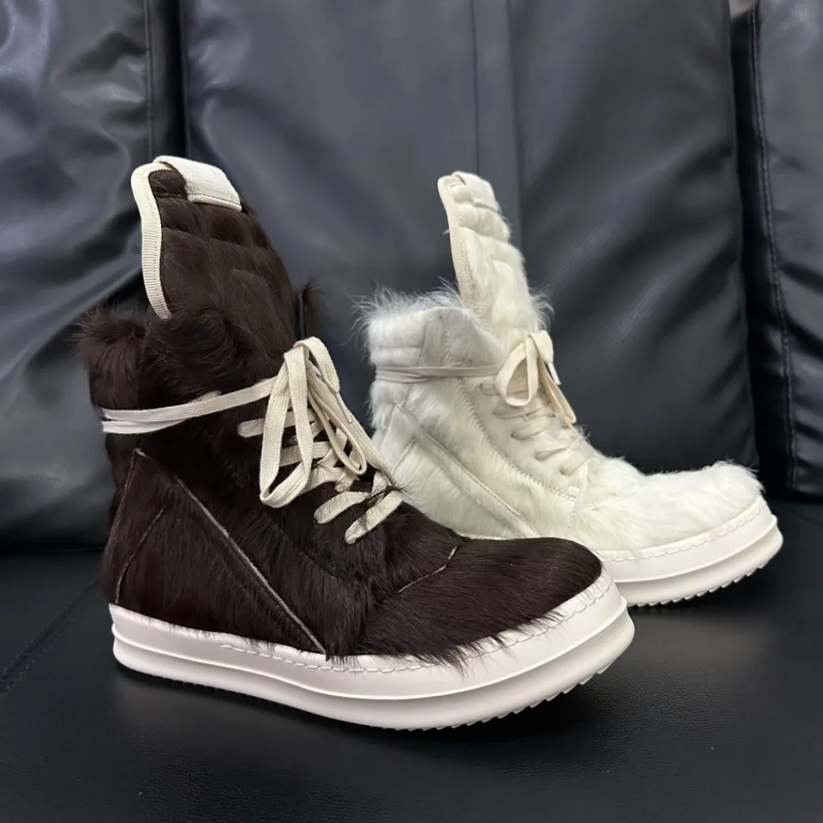 White Horse Hair High Top Shoe Coffee Horsehair Sneakers for Men Women Casual Shoes Trend Ankle Boot Zipper Short Boots Unisex