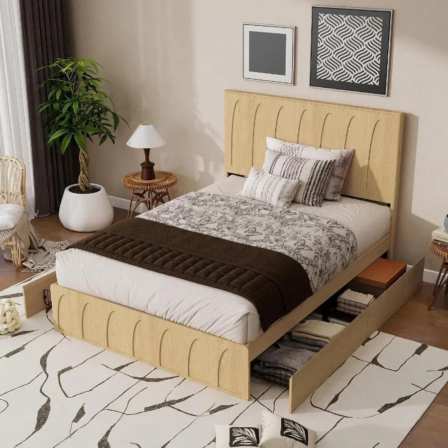 Queen Size Wood Platform Bed Frame with Side Storage Drawers, Curved Headboard Wood Slat Support, No Box Spring Needed, Minimal