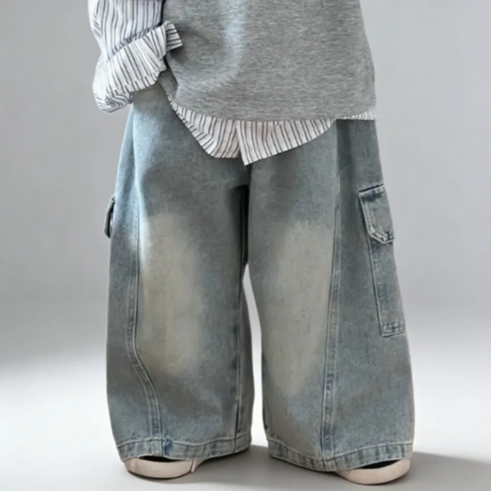 Cargo-Jeans für Jungen und Mädchen, lässige, weit geschnittene Jeans für Kinder, modische Streetwear, Baggy-Hosen, Kinderkleidung, 2–8 Jahre